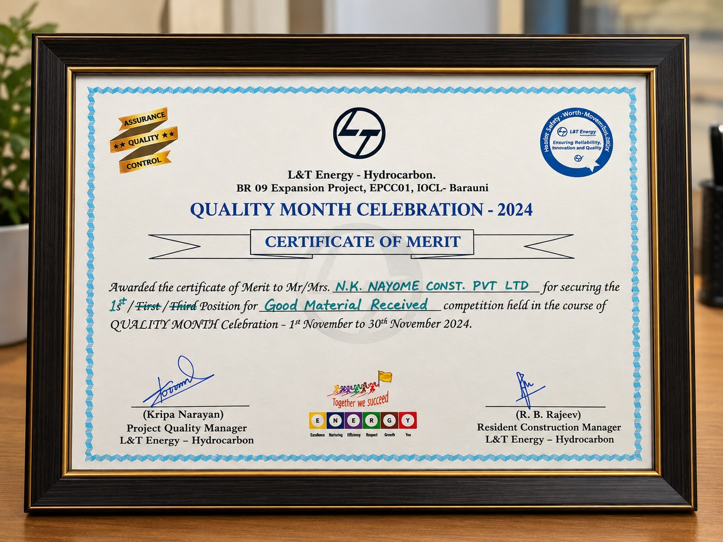 Certificate: Certificate of Merit — Good Material Received